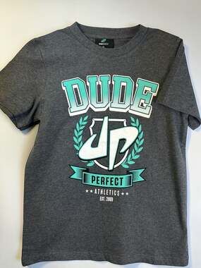 Dude Perfect Youth Athletic Crest Graphic T-Shirt Charcoal Heather